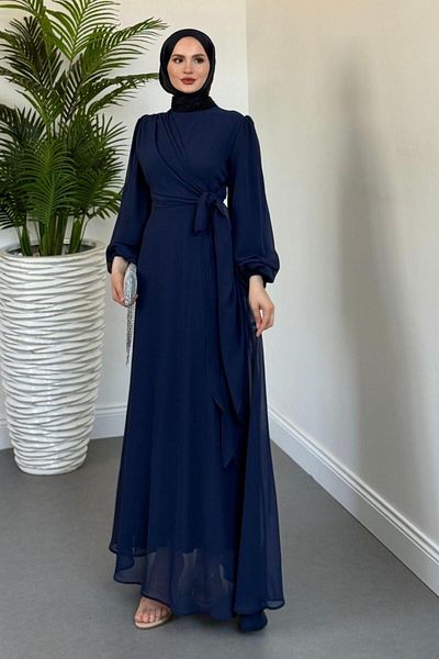 MERVEN AKYÜZ Onstantic Side Tie Dress Navy Blue