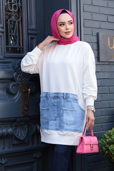 N.S NEVA STYLE Patterned Ecru Hijab Tunic 10631E