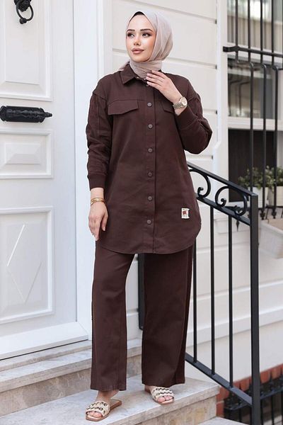 N.S NEVA STYLE Buttoned Brown Hijab Double Set 14272Kh