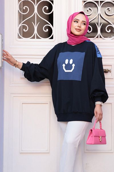 N.S NEVA STYLE Dark Navy Blue Hijab Tunic with Jeans Detail 20623Kl