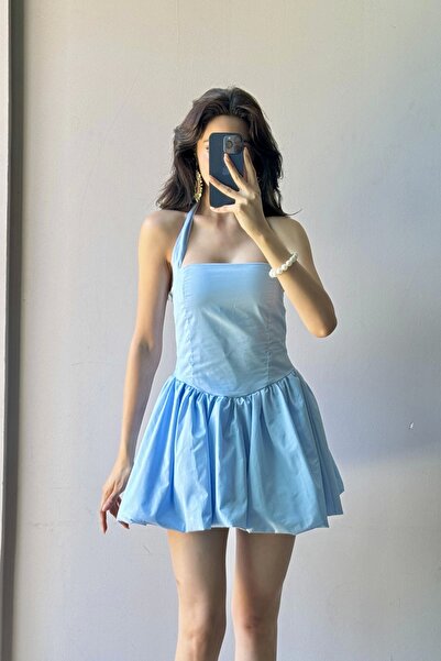 Eka Γυναικείο μπλε φόρεμα με κορδόνια με μπαλόνι 1026-221709