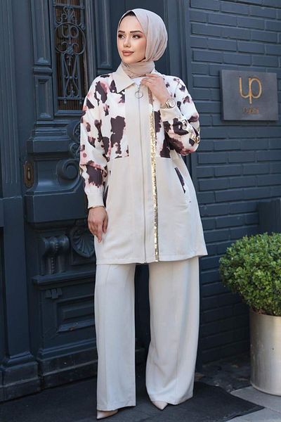 N.S NEVA STYLE Patterned Beige Hijab Double Set 14325Bej
