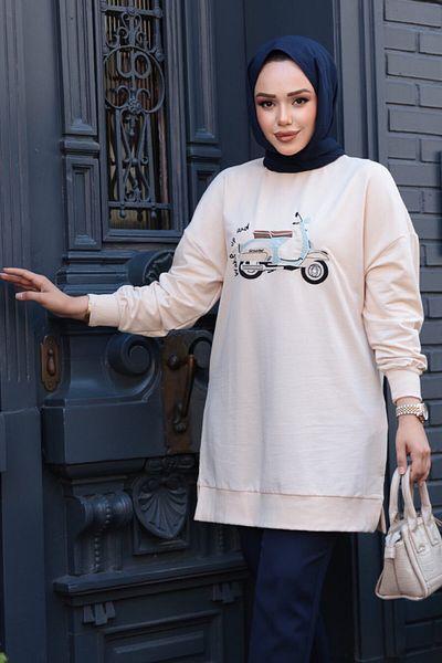 N.S NEVA STYLE Patterned Beige Hijab Tunic 10636Bej