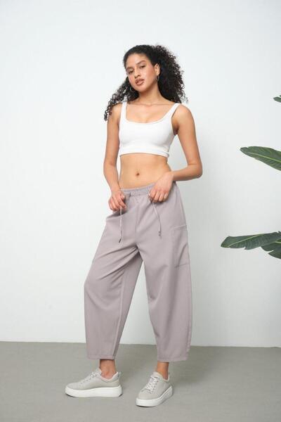 diaves Women's Gray Side Pocket High Waist Woven Fabric Carrot Pants