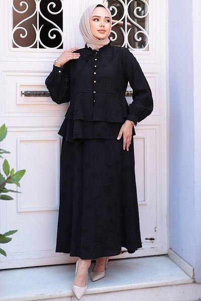 N.S NEVA STYLE Buttoned Black Hijab Skirt Double Suit 14334S