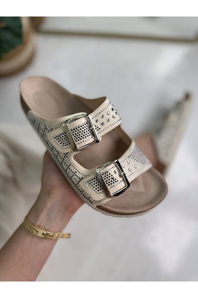 Nstil Daily Women's Beige Slippers Double Buckle Bead Detailed Soft Orthopedic Cork Sole Shoes 114
