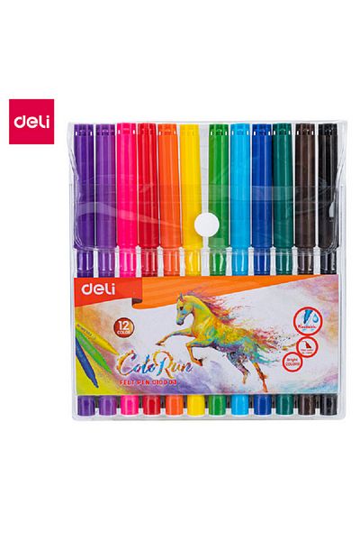 Deli 12-Piece Fiber Bullet Tip Washable Felt Pen Markers Assorted Color 1mm