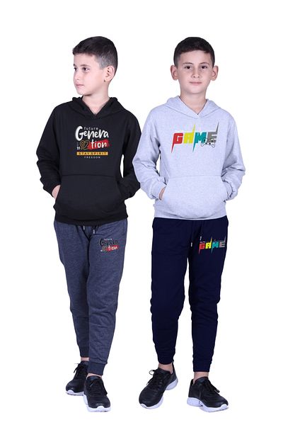FYK KİDS 2-Piece Boy's Printed Kangaroo Pocket Hooded Track Suit Set