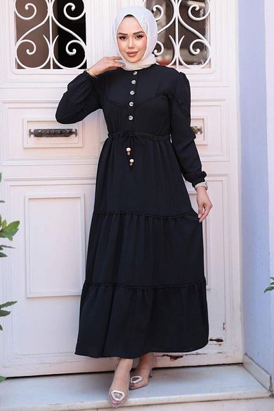 N.S NEVA STYLE Πτυχωτό Μαύρο Φόρεμα Hijab 596S
