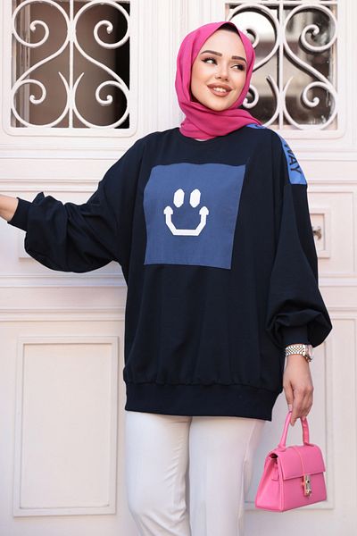 N.S NEVA STYLE Dark Navy Blue Hijab Tunic with Jeans Detail 20623Kl
