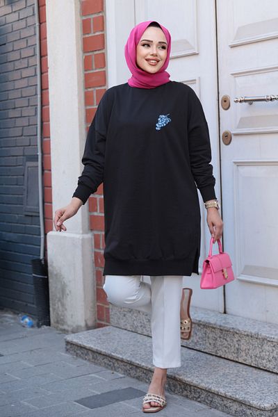 N.S NEVA STYLE Pattern Detailed Black Hijab Tunic 10653S