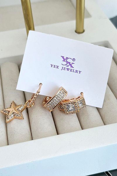 TAKIŞTIR مجموعة أقراط YSX مكونة من 3 قطع بتفاصيل حجرية على شكل نجمة ذهبية اللون