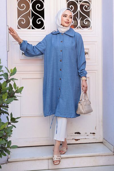 N.S NEVA STYLE Buttoned Indigo Blue Hijab Tunic 70881Im