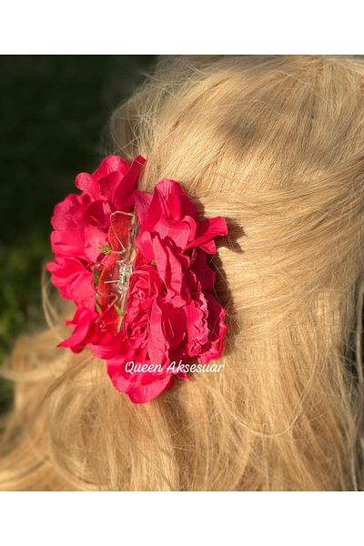 QUEEN AKSESUAR Trend Envy Big Artificial Peony Rose Flower Fuchsia Pink Red Clothespin Clip Buckle Women's Buckle