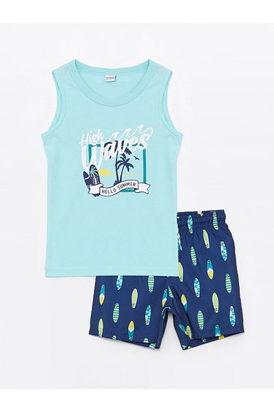 LC Waikiki Turquoise Crew Neck Boys' 100% Cotton Tank Top and Swim Shorts