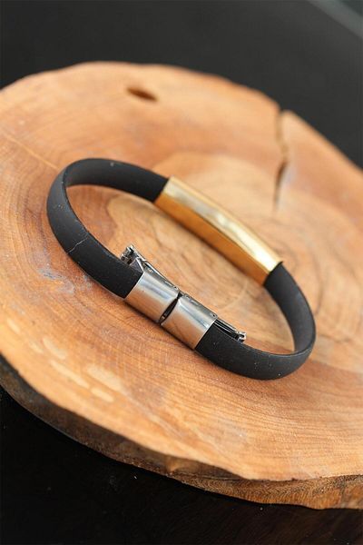 callerrons accessories Gold Color Steel Star Design Black Color Silicone Men's Bracelet - Ebj250628W33684