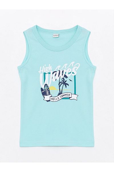 LC Waikiki Turquoise Crew Neck Boys' 100% Cotton Tank Top and Swim Shorts