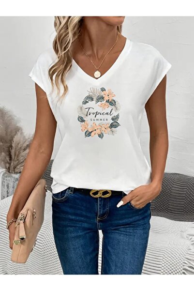 mercoledi Tricou oversize cu decolteu în V cu imprimeu tropical de vară Boyfi...