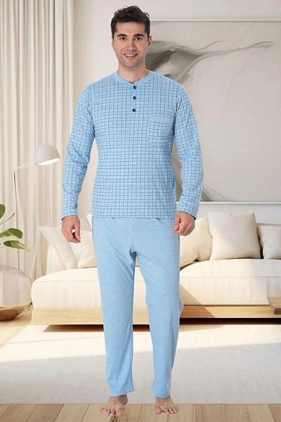 Mecit Pijama Мъжки пижамен комплект с дълъг ръкав, сезонна яка с копчета, голям размер, 80% памук, 20% вискоза