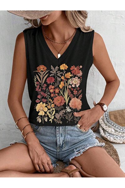 mercoledi Tricou oversize cu decolteu în V cu imprimeu tropical de vară Boyfi...