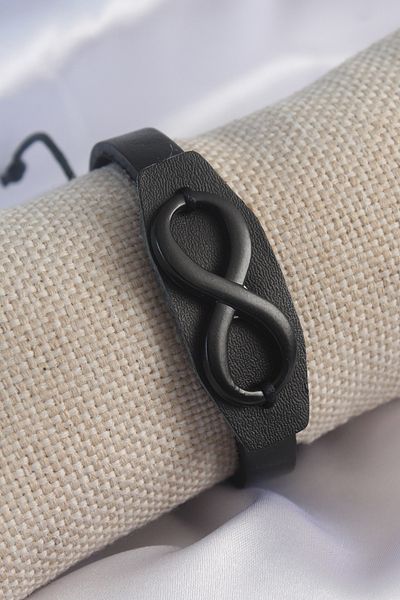 callerrons accessories Black Leather Black Infinity Sign Drawstring Men's Bracelet - Ebj250628W26106