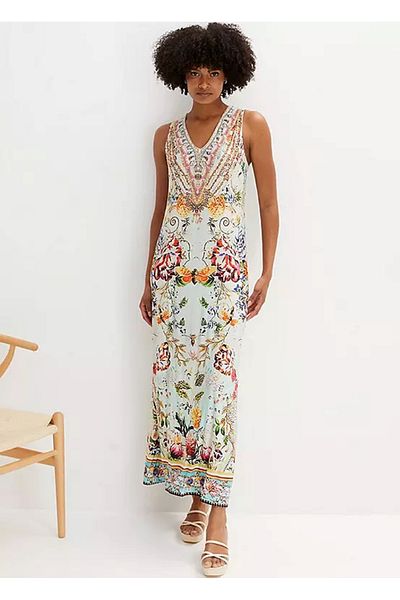 Şans Women's Plus Size Colorful, Floral Patterned, V-Neck Sleeveless Maxi Dress 65N38994