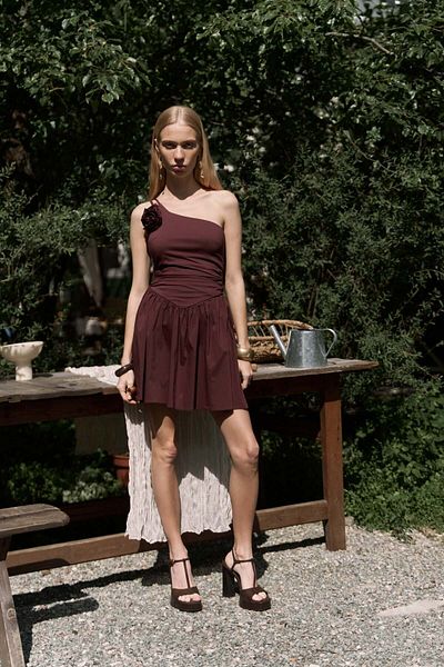 BOHEMAİ Lissa One Shoulder Rose Detail Burgundy Mini Dress
