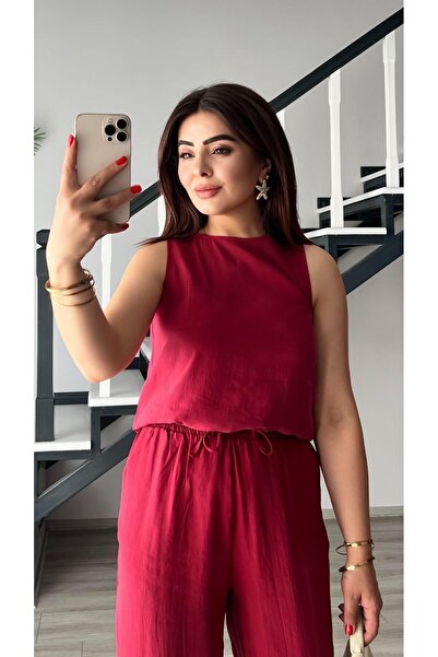 Oslove Orj.Brand Red Modal Fabric Sleeveless Blouse-Pants Suit