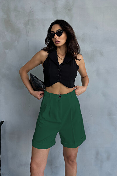 Ortaya Çık Green Double Leg Pleated Fabric Palazzo Shorts