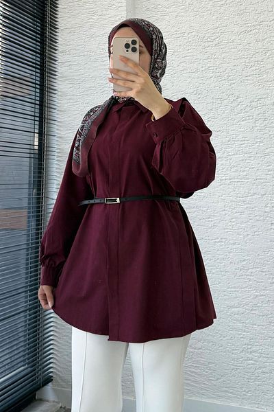 MELEK ARAZ Belt Detailed Poplin Tunic Shirt - Burgundy