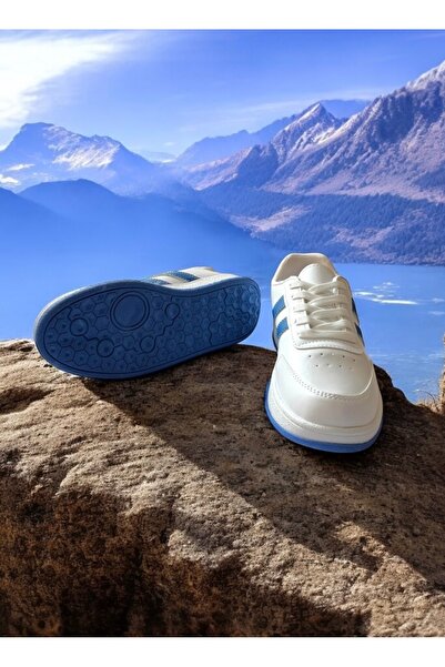 Trendova Beyaz-Saks Mavi İki Bantlı Unisex Günlük Hafif Taban Sneaker Spor Ayakkabı