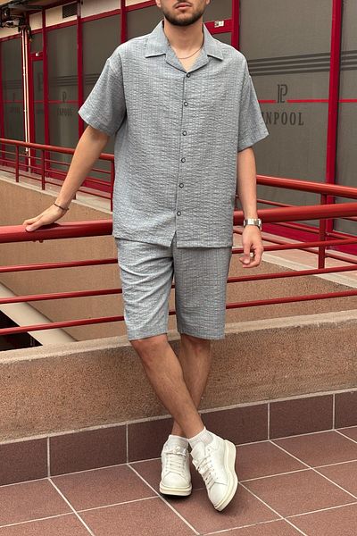 inpool Men'S, Seersucker, Summer, Loose Fit, Linen Blend, Shirt-Shorts Set 297-g13