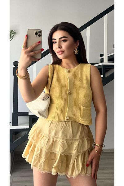 Oslove Yellow Zero Sleeve Gold Button Knitwear Vest