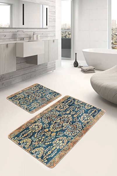 Realhomes Mavi Zeminde Kilim Motifli Geometrik Desenli Vintage Avangarde 2'li...