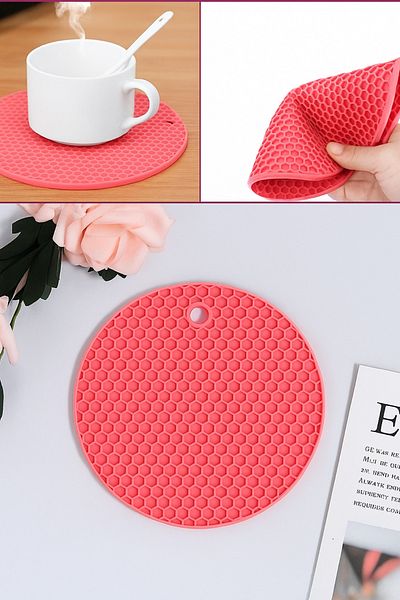 Melkan Home Round Silicone Trivet - Honeycomb Patterned Trivet - Non-Stick Silicone Trivet Pink