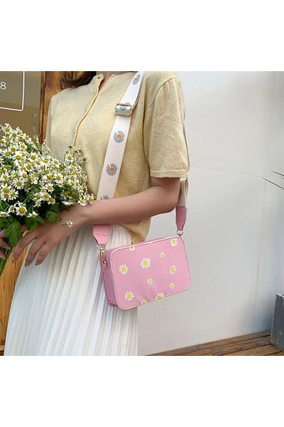 Emre Bebe Daisy Patterned Pink Pu Leather Shoulder and Crossbody Bag - Detachable Strap