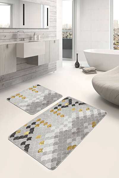 Realhomes طقم مكون من قطعتين باللون الذهبي - طقم سجادة حمام بتصميم هندسي بسيط...