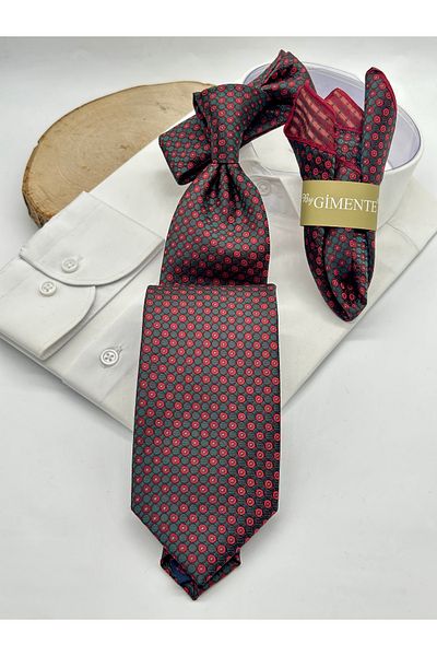 Gutiero Classic Tie with Burgundy Green Patterned Handkerchief