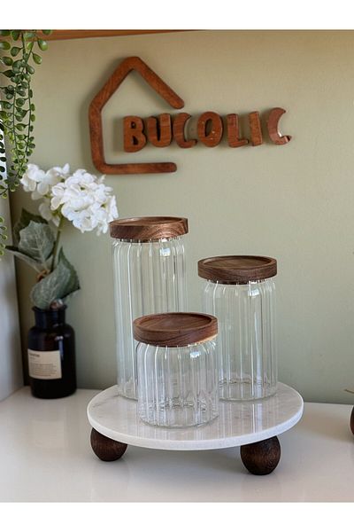 BUCOLIC 3-Piece Acacia Glass Kitchen Jar Set with Marble Stand and Vacuum Lid