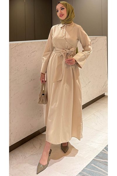 Tesettür Diyarı Women's Spanish Sleeve Tie Detailed Dress - Beige