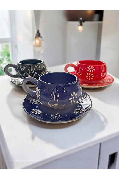 Artistic Quality Decorative Stylish Design Fully Handmade Red, Navy Blue and Black Coffee Cup for 3 People