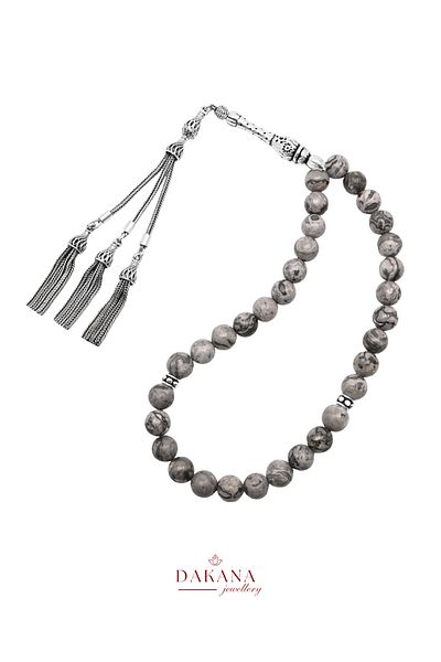 DAKANA JEWELLERY Certified Gray Jasper Stone Capricorn Silver Natural Stone Prayer Beads