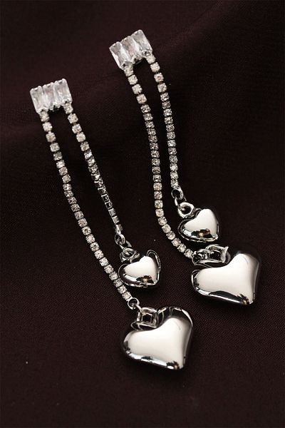 Clariss Steel Silver Color Stone Curved Heart Design Long Earrings