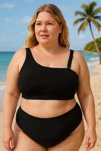 enmodaiçgiyim Μαύρο μπλουζάκι μπικίνι με έναν ώμο Plus Size για γυναίκες – Κομψό, χωρίς στήριγμα, με ραβδώσεις