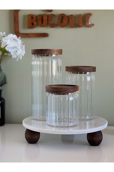BUCOLIC 3-Piece Acacia Glass Kitchen Jar Set with Marble Stand and Vacuum Lid