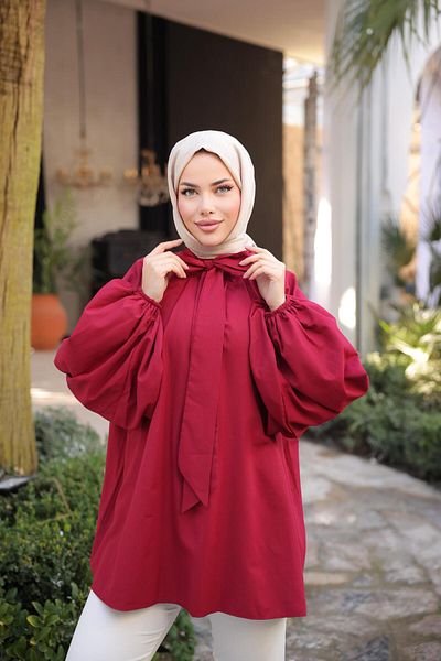 Nergis Neva Butik Pleated tunic with scarf collar