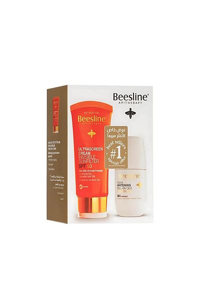 Beesline عبوة مزدوجة، واقي شمس ألترا سكرين بعامل حماية من الشمس 50، 60 مل + مزيل عرق رول مبيض، خالٍ من العطور، 50 مل
