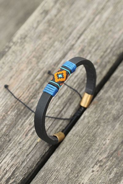 Clariss Blue Drawstring Ethnic Patterned Women's Leather Bracelet