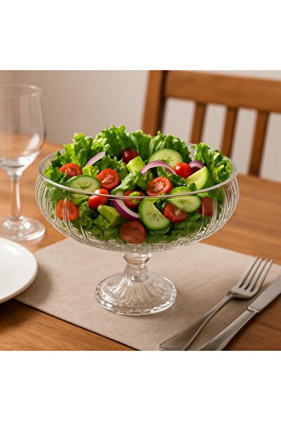 MODA OZY Handmade Large Size Glass Salad Fruit Cookie Pasta Presentation Bowl with Feet Transparent 23 cm