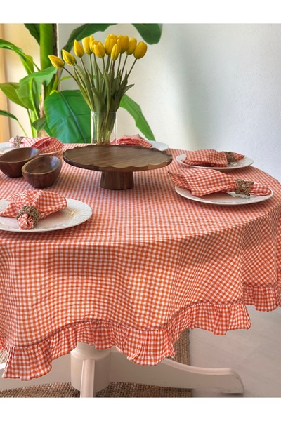 Decamor home Thin Linen Fabric Orange Mini Gingham Ruffled Round Orange Tablecloth (Napkin Not Included)